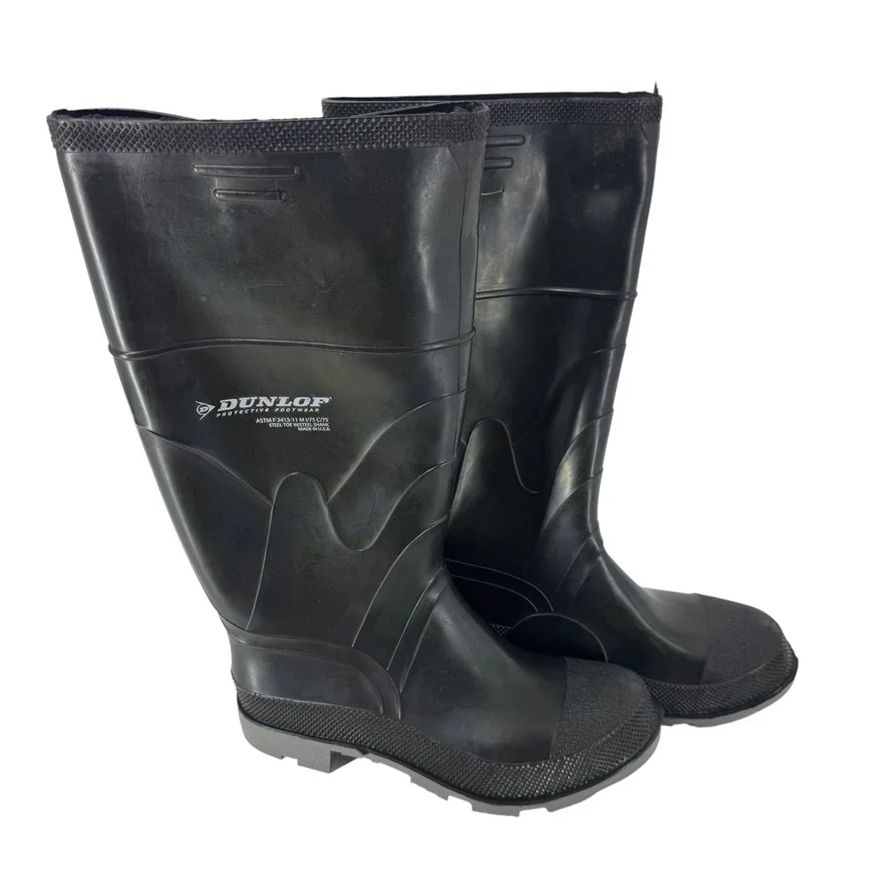 Dunlop Mens Steel Toe Rubber Work Boots Black Grey Made in USA Size 9 ASTM F2413